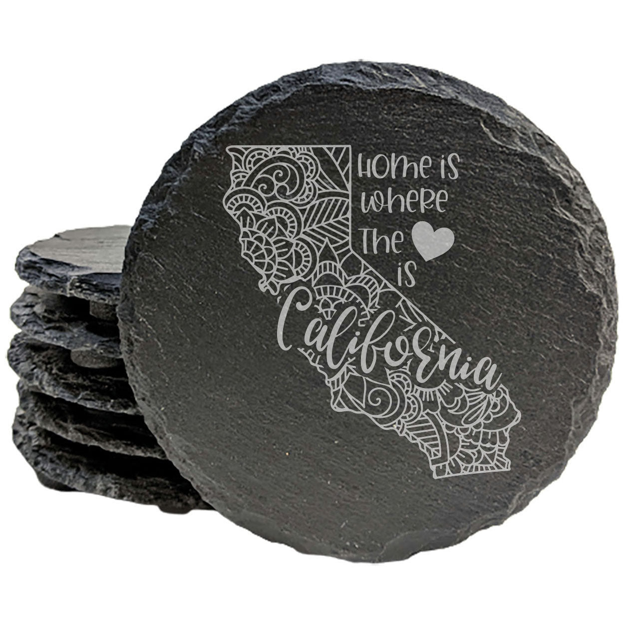 Rustic Slate Coasters Set of 4, Round 4" with California Mandala Design, 'Home is Where the Heart Is' Quote, Perfect Gift for Holidays, Birthdays, Housewarming, Made in Oregon, USA