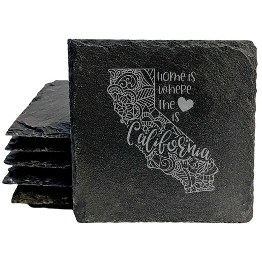 Rustic Slate Coasters Set of 4, Round 4" with California Mandala Design, 'Home is Where the Heart Is' Quote, Perfect Gift for Holidays, Birthdays, Housewarming, Made in Oregon, USA