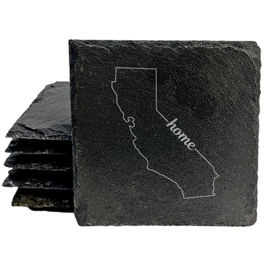 Rustic Slate Coasters Set of 4, Round 4" with California 'Home' Design, Laser Etched, Perfect for Holidays, Birthdays, Housewarming Gifts, Made in Oregon, USA, Natural Chipped Edge, Rubber Feet
