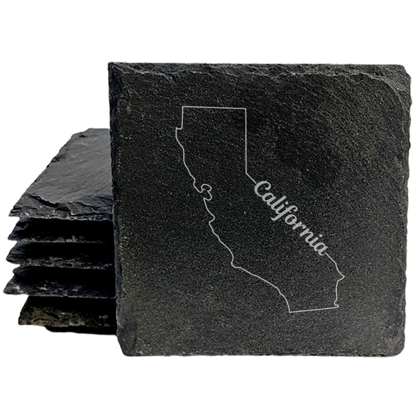 Rustic Slate Coasters Set of 4, Round 4" with California State Outline Design, Perfect for Holidays, Birthdays, Housewarming Gifts, She-Shed or Man Cave, Made in Oregon, USA, Natural Chipped Edge