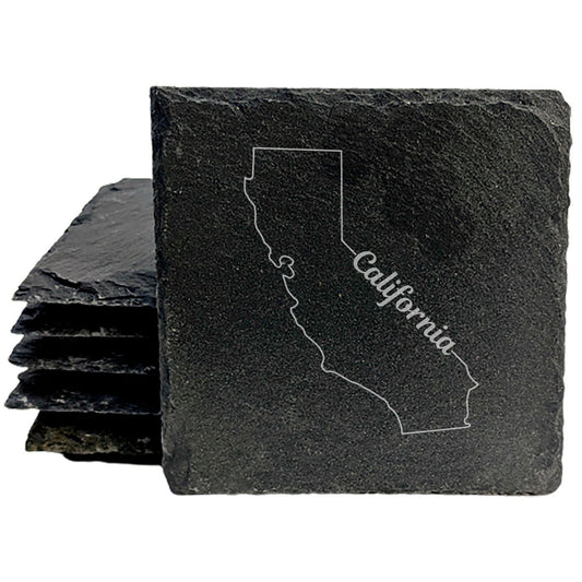 Rustic Slate Coasters Set of 4, Round 4" with California State Outline Design, Perfect for Holidays, Birthdays, Housewarming Gifts, She-Shed or Man Cave, Made in Oregon, USA, Natural Chipped Edge