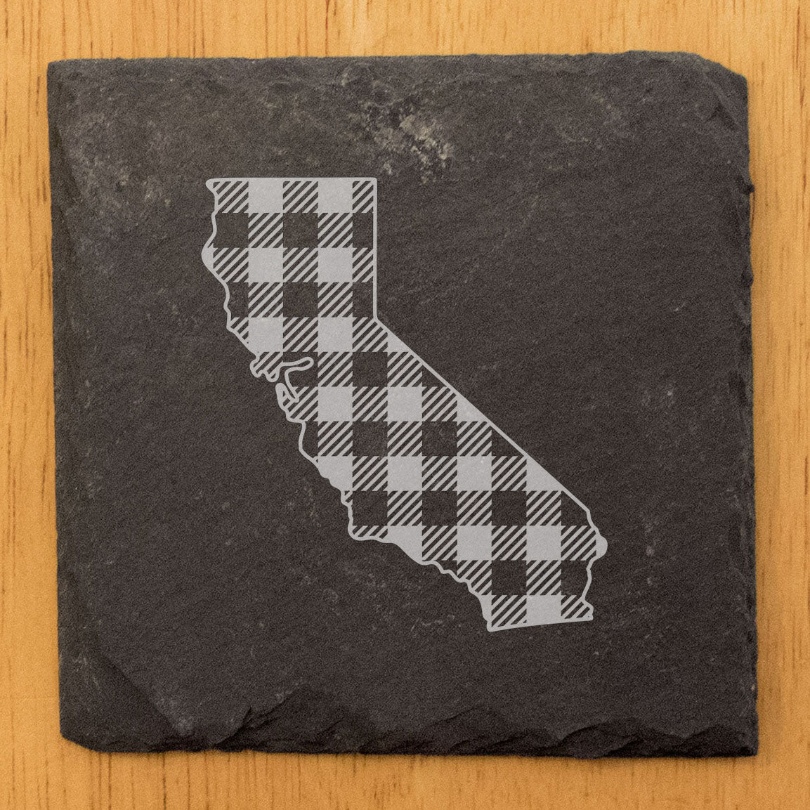 Rustic Slate Coasters Set of 4, Round 4" with California Plaid Design, Perfect for Holidays, Birthdays, Housewarming Gifts, She-Shed or Man Cave, Made in Oregon, USA, Natural Chipped Edge