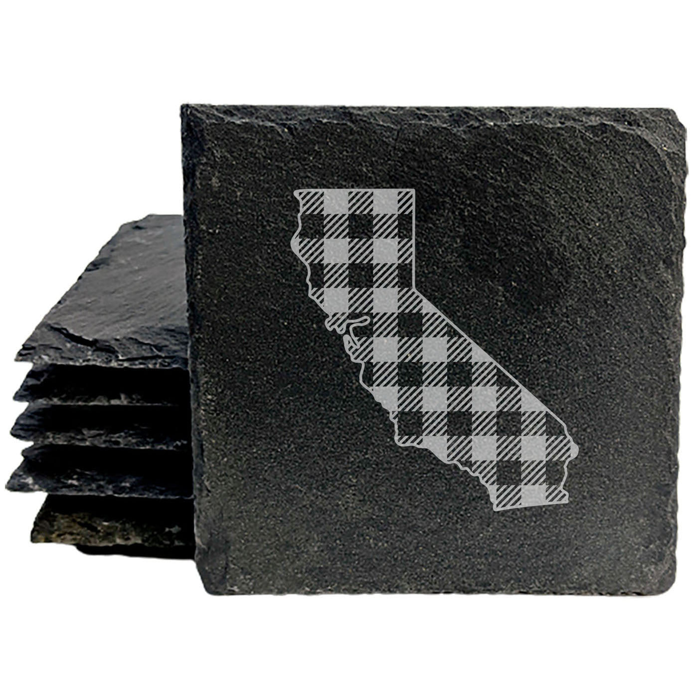 Rustic Slate Coasters Set of 4, Round 4" with California Plaid Design, Perfect for Holidays, Birthdays, Housewarming Gifts, She-Shed or Man Cave, Made in Oregon, USA, Natural Chipped Edge