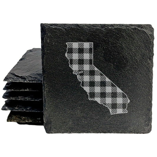 Rustic Slate Coasters Set of 4, Round 4" with California Plaid Design, Perfect for Holidays, Birthdays, Housewarming Gifts, She-Shed or Man Cave, Made in Oregon, USA, Natural Chipped Edge