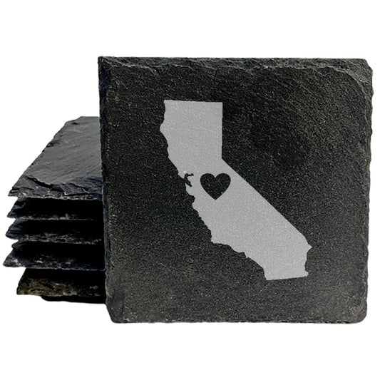 Rustic Slate Coasters Set of 4, Round 4" with California Heart Design, Laser Etched, Perfect for Holidays, Birthdays, Housewarming Gifts, Made in Oregon, USA, Natural Chipped Edge, Rubber Feet