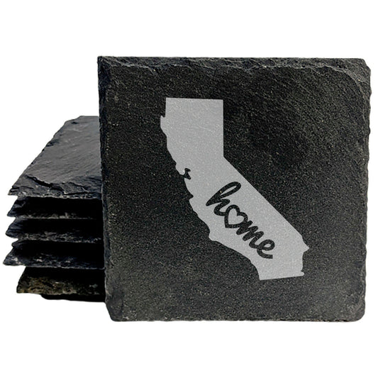 Rustic Slate Coasters Set of 4, Round 4" with California 'Home' Heart Design, Perfect for Holidays, Birthdays, Housewarming, She-Shed, Man Cave, Made in Oregon, USA,