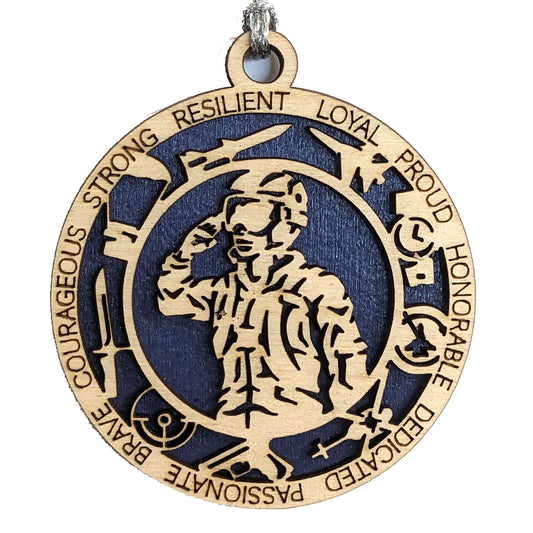 Handcrafted 3" Wood Christmas Ornament - Air Force Female Soldier Tribute with Inspiring Words & Aviation Icons, Made in USA