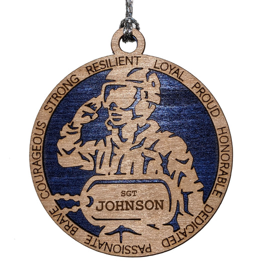 Personalized Air Force Female Soldier Christmas Ornament - 3" Wood Laser Cut Military Gift with Custom Dog Tags