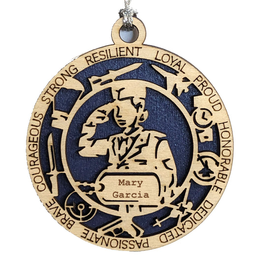 Personalized Air Force Female Soldier Christmas Ornament - 3" Wooden Laser Cut Military Keepsake with Custom Dog Tags
