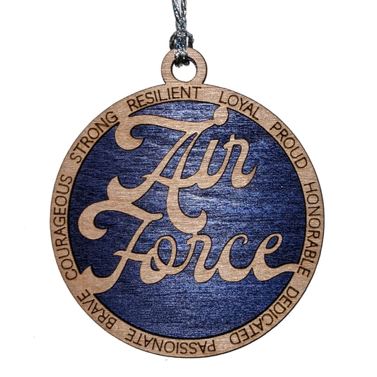 Patriotic Air Force 3" Wood Ornament - Laser Cut Military Honor Gift - Christmas Decor with Inspirational Words