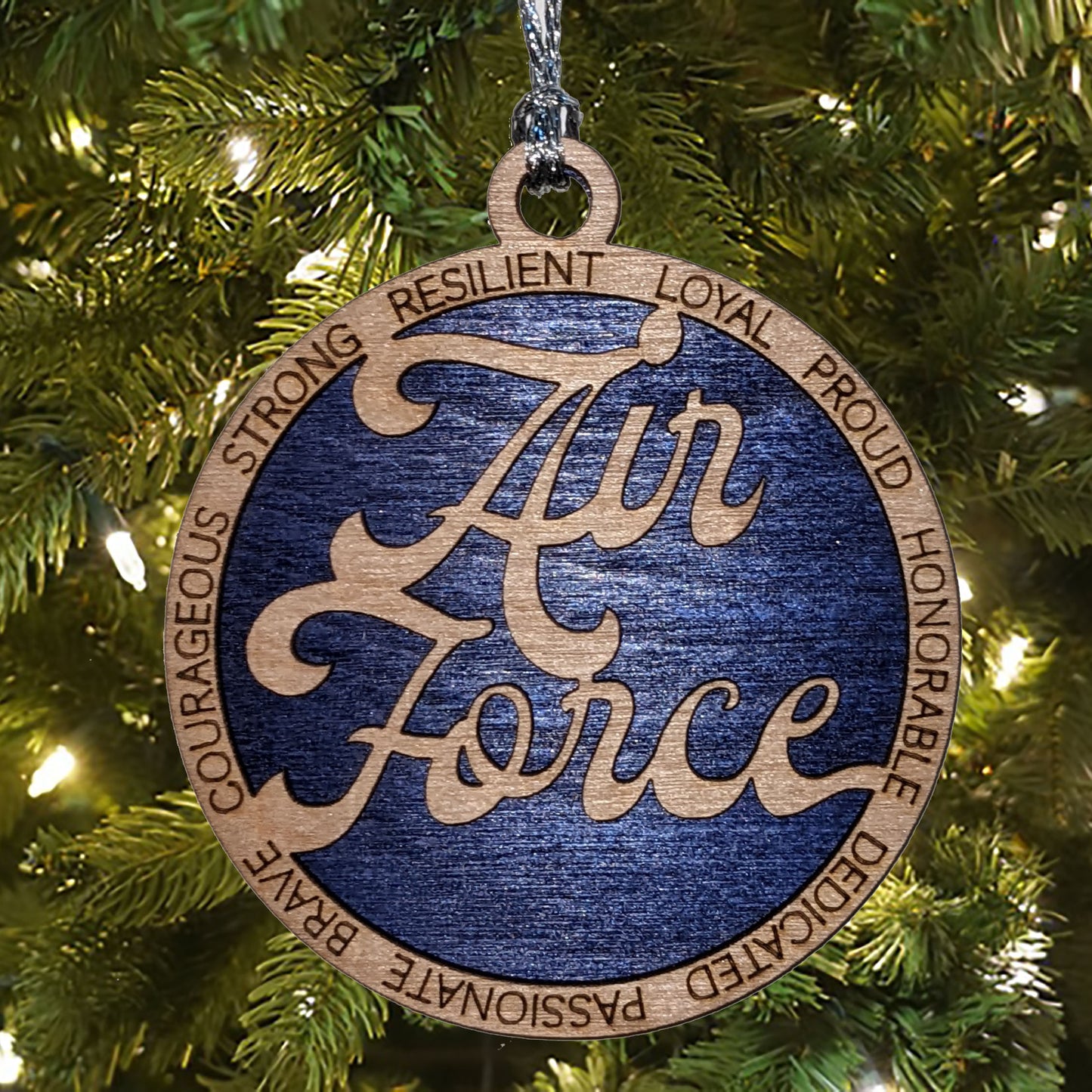 Patriotic Air Force 3" Wood Ornament - Laser Cut Military Honor Gift - Christmas Decor with Inspirational Words