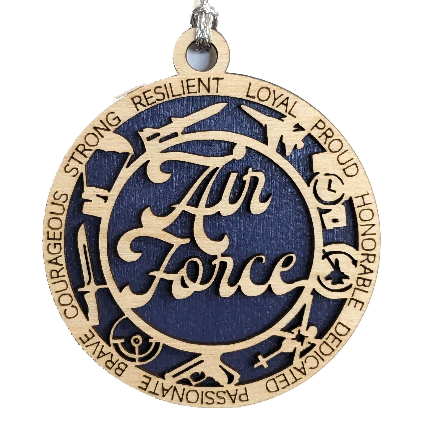 Handmade 2-Layer Air Force Ornament - 3" Round Wood, Customizable Military Christmas Gift