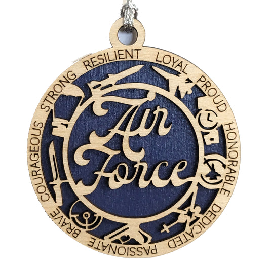 Handmade 2-Layer Air Force Ornament - 3" Round Wood, Customizable Military Christmas Gift