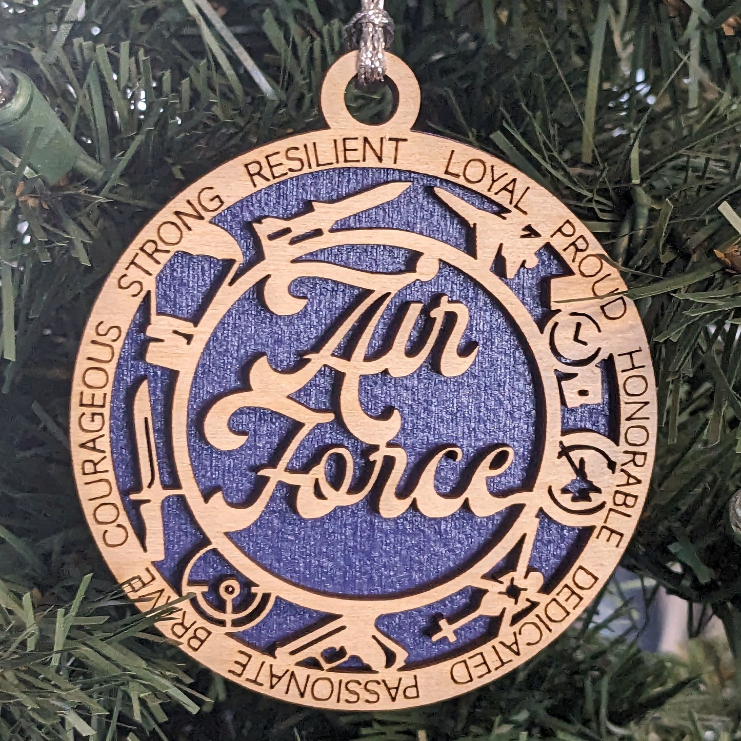 Handmade 2-Layer Air Force Ornament - 3" Round Wood, Customizable Military Christmas Gift
