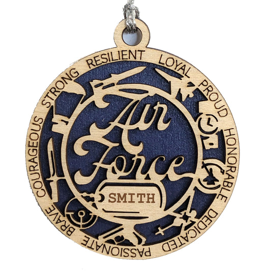 Personalized Air Force Wooden Ornament - 3" Laser Cut Military Christmas Decoration with Dog Tags and Icons - Handmade in USA