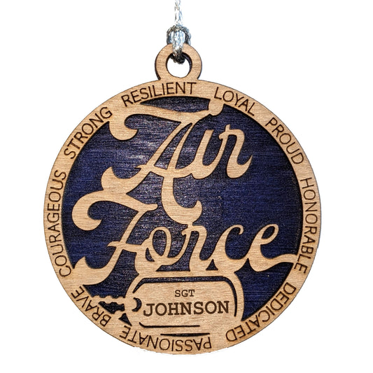 Personalized Air Force Christmas Ornament - Custom Military Dogtags - Laser Cut Wood - Patriotic Gift for Soldier or Veteran
