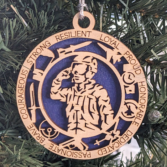Air Force Soldier Wooden Christmas Ornament - Patriotic Military Holiday Decor, Laser Cut 3" Round