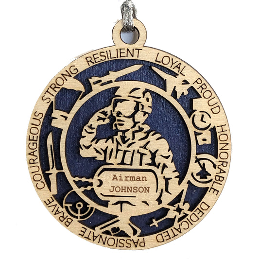 Personalized Air Force Soldier Ornament - 3" Wood Christmas Decoration with Dog Tags, Military Icons & Inspirational Words