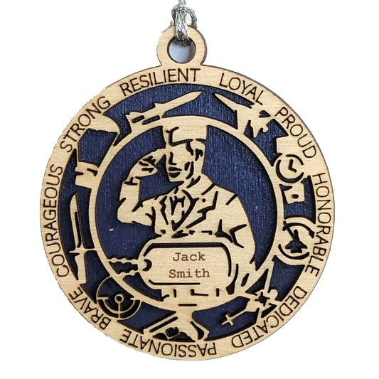 Air Force Christmas Ornament - Customizable Wood Keepsake for Military Veteran - Patriotic Holiday Decor with Personalized Dogtag