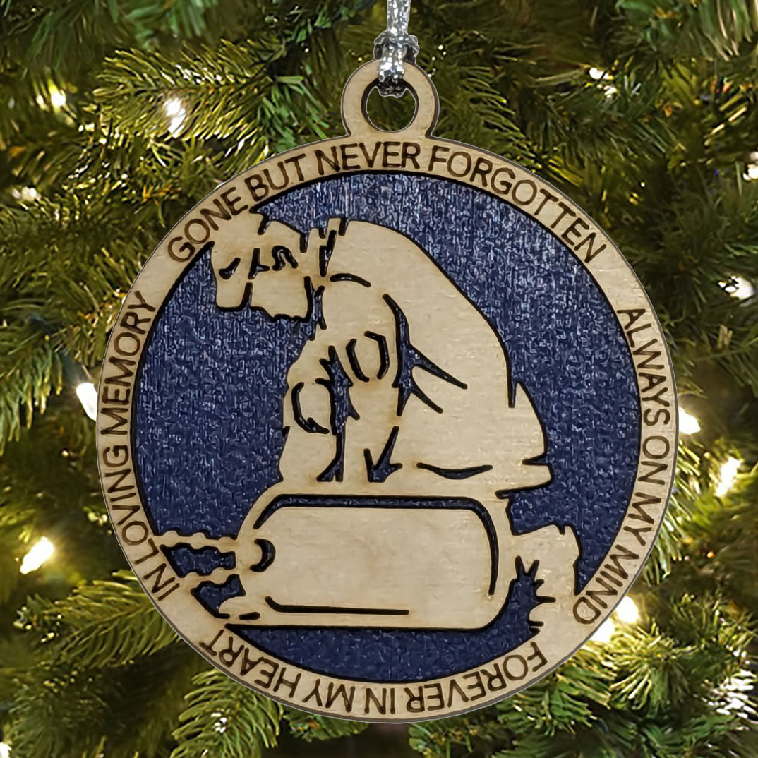 Personalized Air Force Soldier Memorial Ornament - 3" Wood Christmas Tree Decoration with Dog Tags - Military Tribute Gift