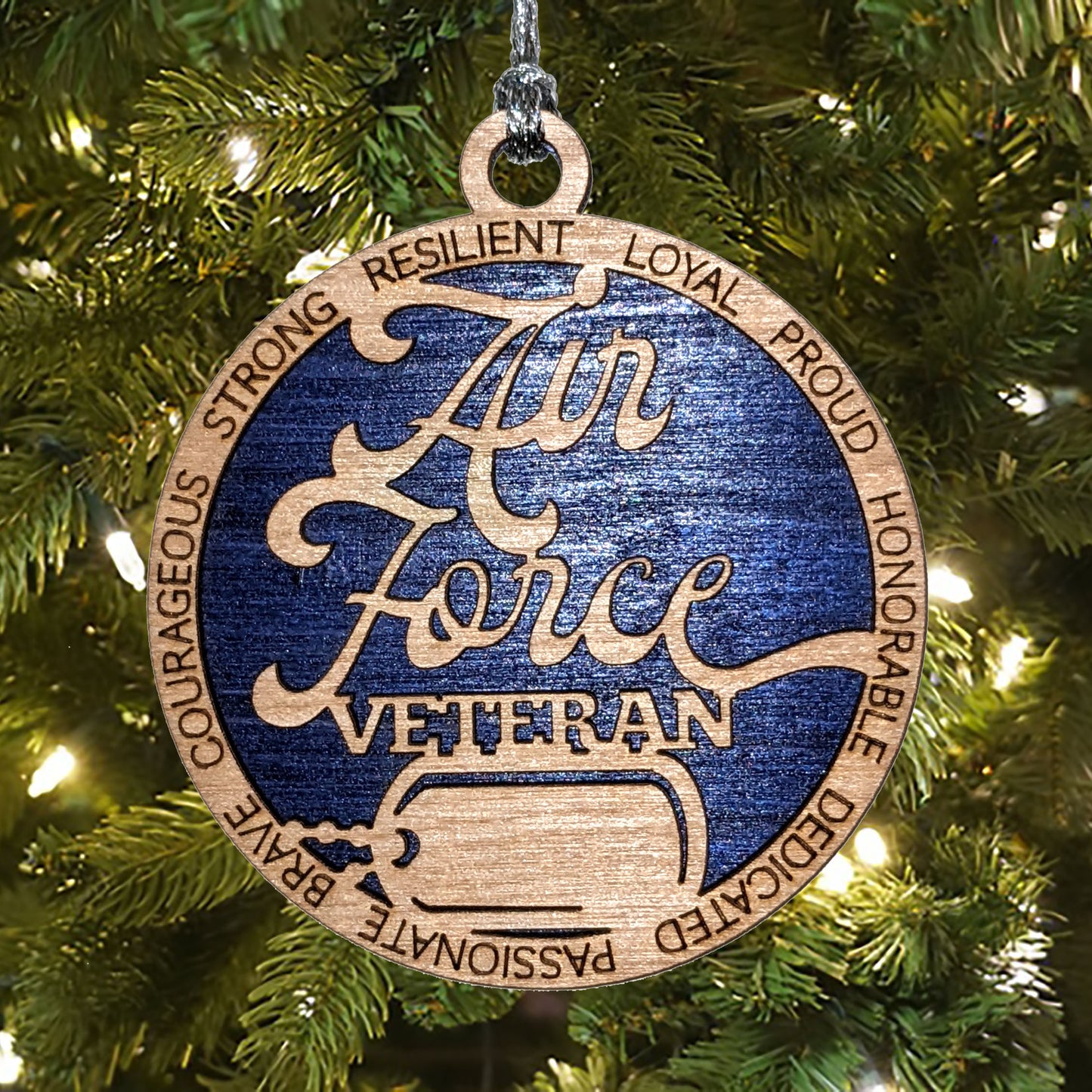 Personalized Air Force Veteran Ornament - Wooden Laser Cut Christmas Decoration with Custom Dog Tags