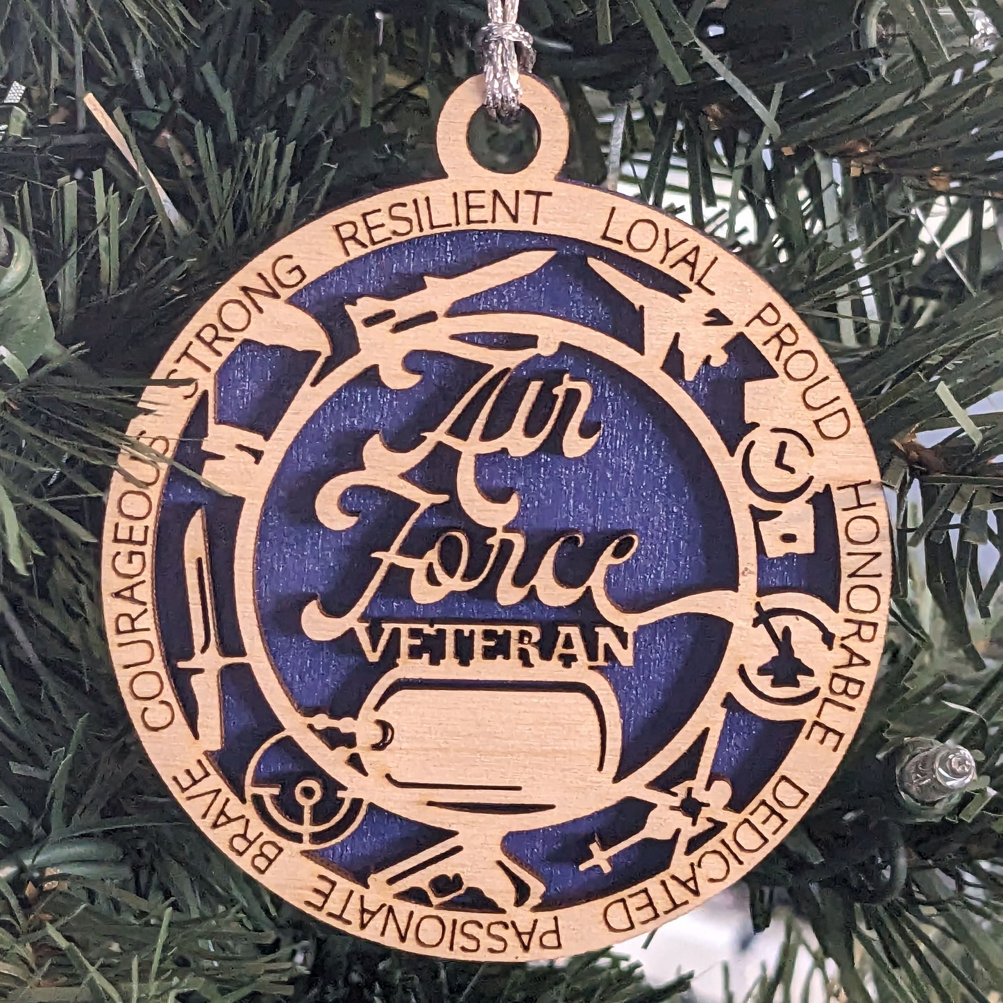 Patriotic Air Force Veteran Keepsake - 3" Laser Engraved Wood Ornament with Personalized Dogtags - Holiday Decor