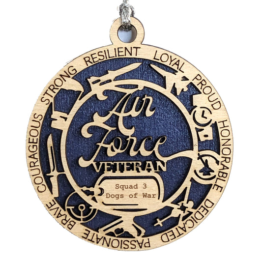 Patriotic Air Force Veteran Keepsake - 3" Laser Engraved Wood Ornament with Personalized Dogtags - Holiday Decor