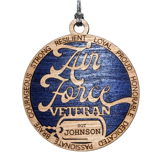 Personalized Air Force Veteran Ornament - Wooden Laser Cut Christmas Decoration with Custom Dog Tags