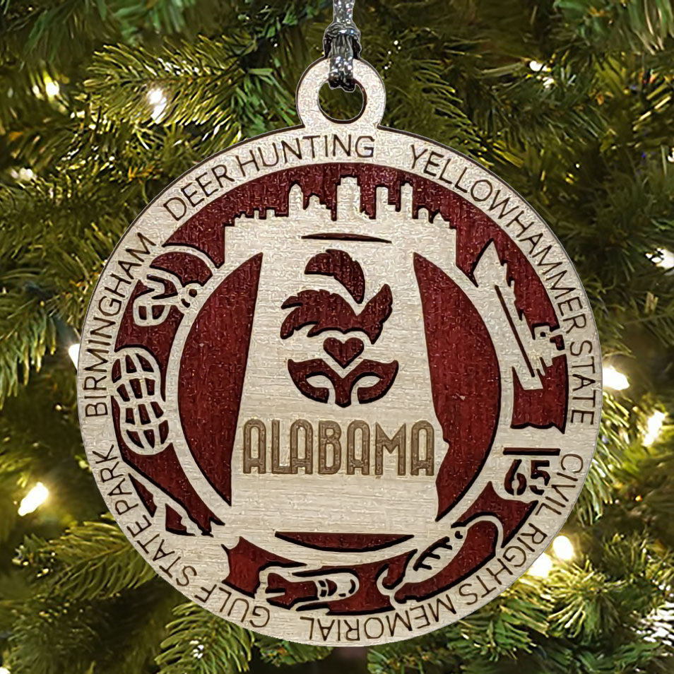 Alabama State Pride 3D Wood Laser Cut Ornament: Featuring Iconic Alabama Symbols and Custom Background Colors