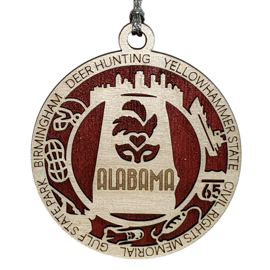 Alabama State Pride 3D Wood Laser Cut Ornament: Featuring Iconic Alabama Symbols and Custom Background Colors