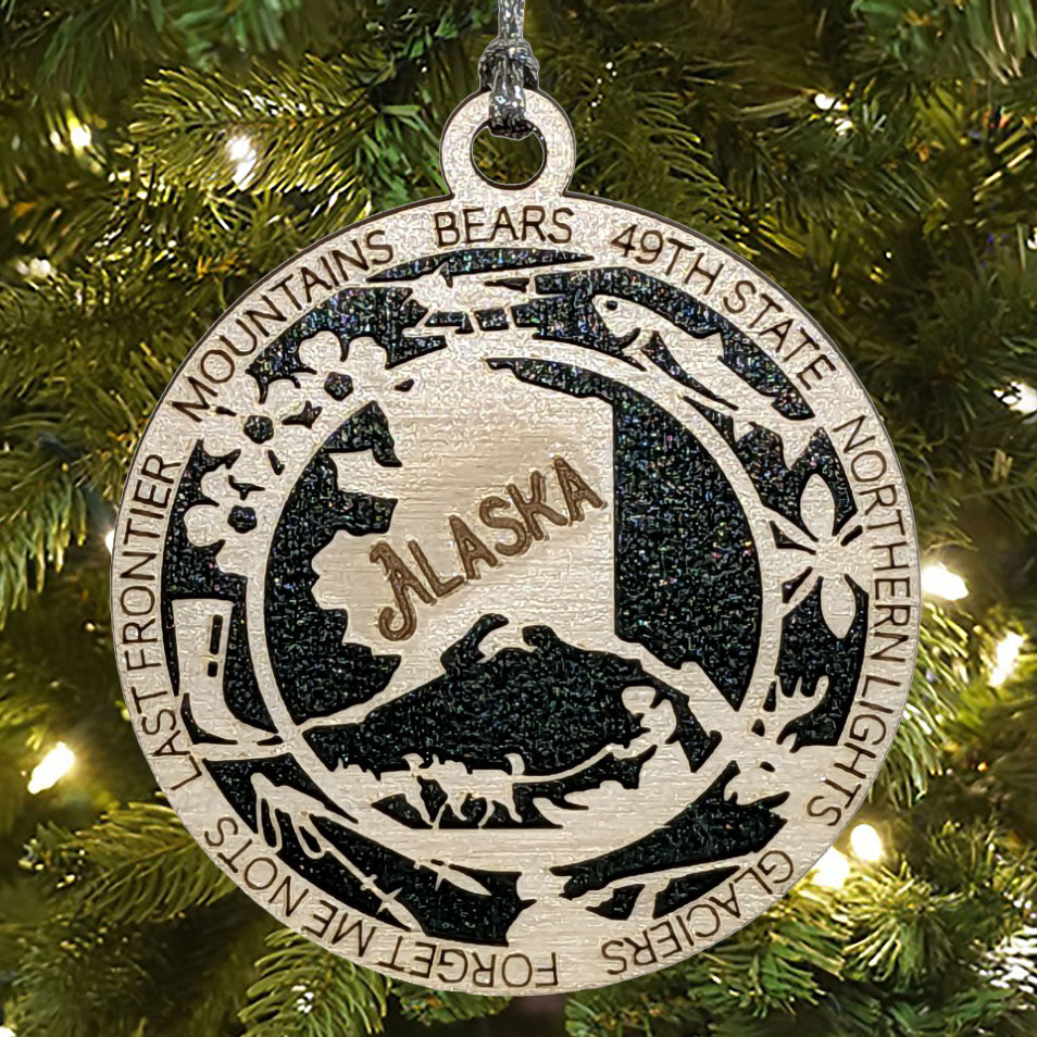 Alaska State Pride 3D Wood Laser Cut Ornament: Featuring Iconic Alaska Symbols and Custom Background Colors