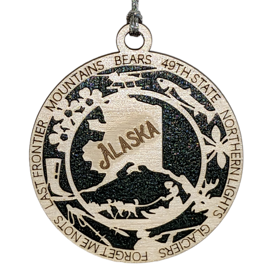 Alaska State Pride 3D Wood Laser Cut Ornament: Featuring Iconic Alaska Symbols and Custom Background Colors