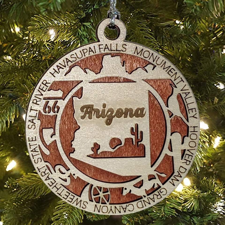 Arizona State Pride 3D Wood Laser Cut Ornament: Featuring Iconic Arizona Symbols and Custom Background Colors