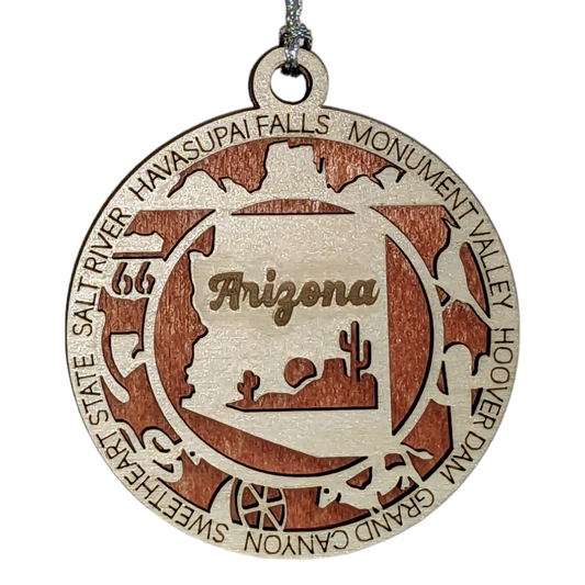 Arizona State Pride 3D Wood Laser Cut Ornament: Featuring Iconic Arizona Symbols and Custom Background Colors
