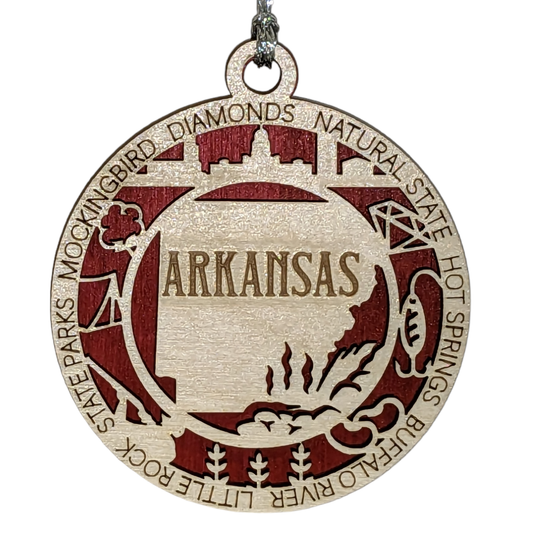 Arkansas State Pride 3D Wood Laser Cut Ornament: Featuring Iconic Arkansas Symbols and Custom Background Colors
