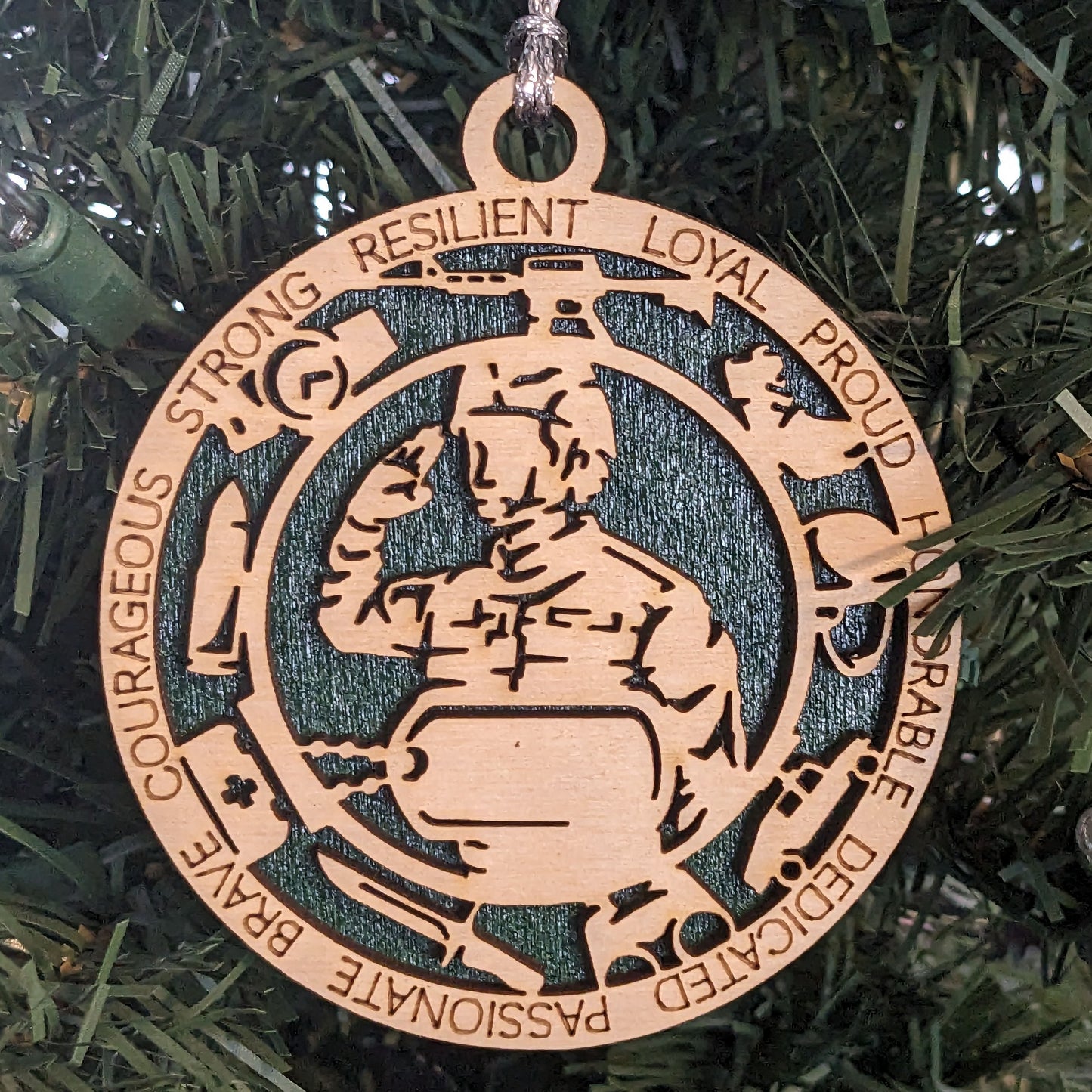Personalized Female Soldier Christmas Ornament - Army Woman Military Gift, Custom Dog Tags, Handcrafted Wood Keepsake