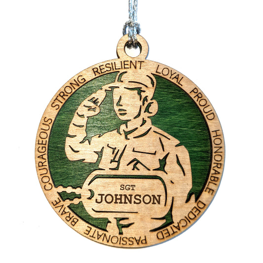 Custom Women in Uniform Ornament | Patriotic Military Gift | 3" Wood Christmas Decoration | Personalized Dog Tags