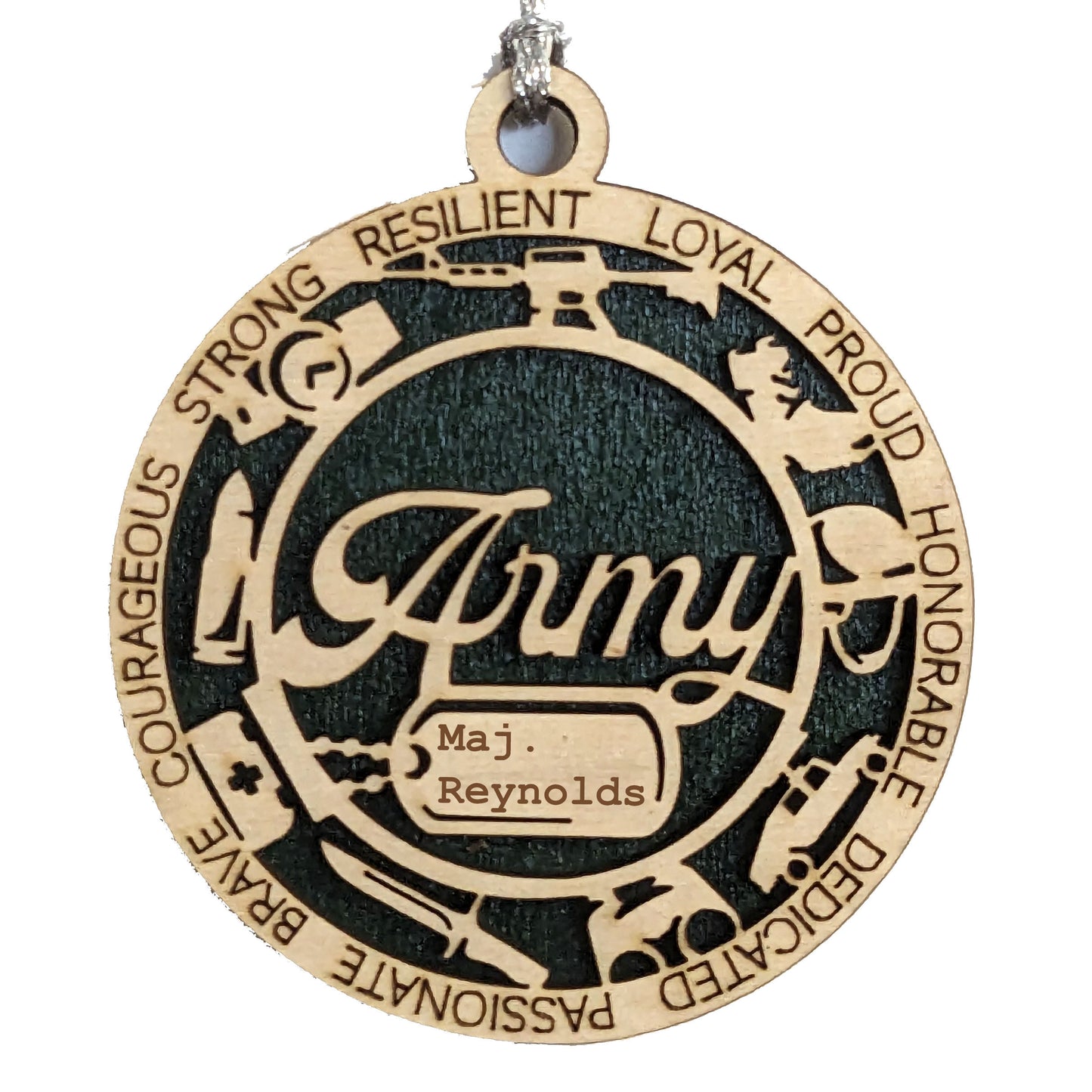 Handcrafted Wooden Army Ornament - Personalized Military Christmas Gift with Custom Dog Tags