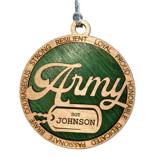 Personalized Army Ornament - Laser Cut Wood Christmas Decoration with Custom Dog Tags, Military Gift