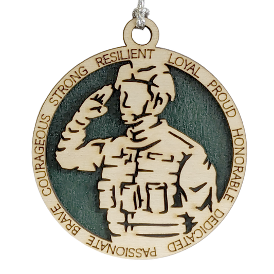 Patriotic Male Soldier Christmas Ornament - 3" Wood Laser Cut Military Tribute - Handmade in USA