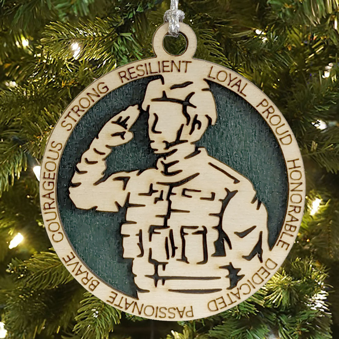 Patriotic Male Soldier Christmas Ornament - 3" Wood Laser Cut Military Tribute - Handmade in USA