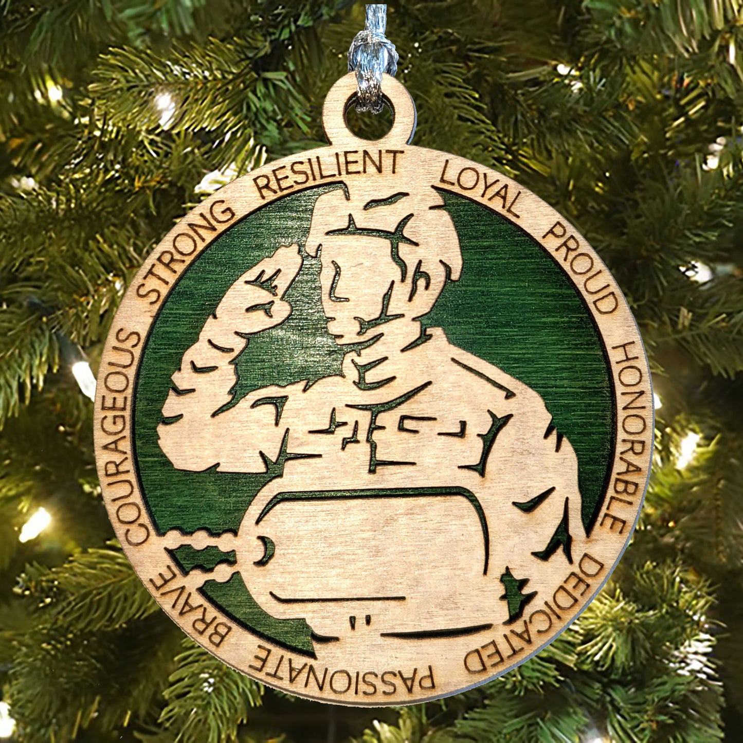 Custom Military Man Christmas Ornament - Wooden 3" Round, Personalized Dog Tags, Handmade in Oregon