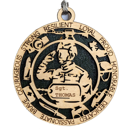 Personalized Male Soldier Christmas Ornament - 3" Wood Army Tribute with Custom Dog Tags