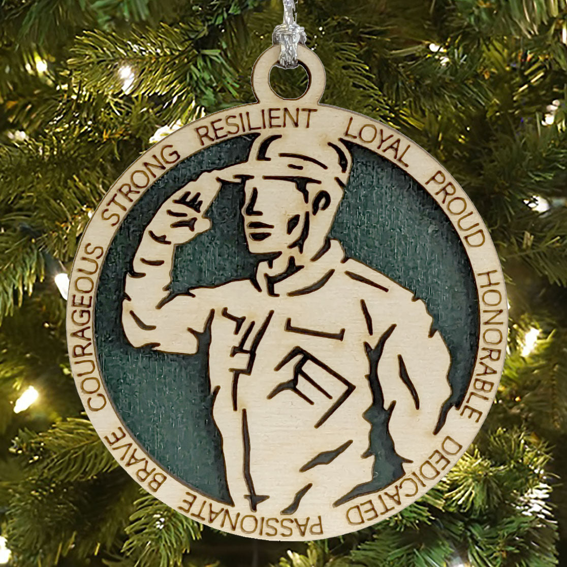 Handcrafted 3" Wood Christmas Ornament - Male Soldier in Uniform - Military Tribute - Laser Cut 2-Layer Design - Patriotic Holiday Decor - Made in USA
