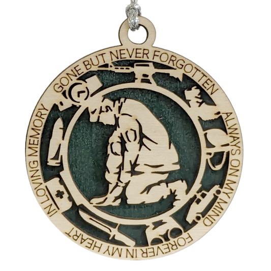 Handcrafted Army Soldier Memorial Wooden Christmas Ornament - 3" Laser Cut Tribute with Military Icons and Inspirational Words