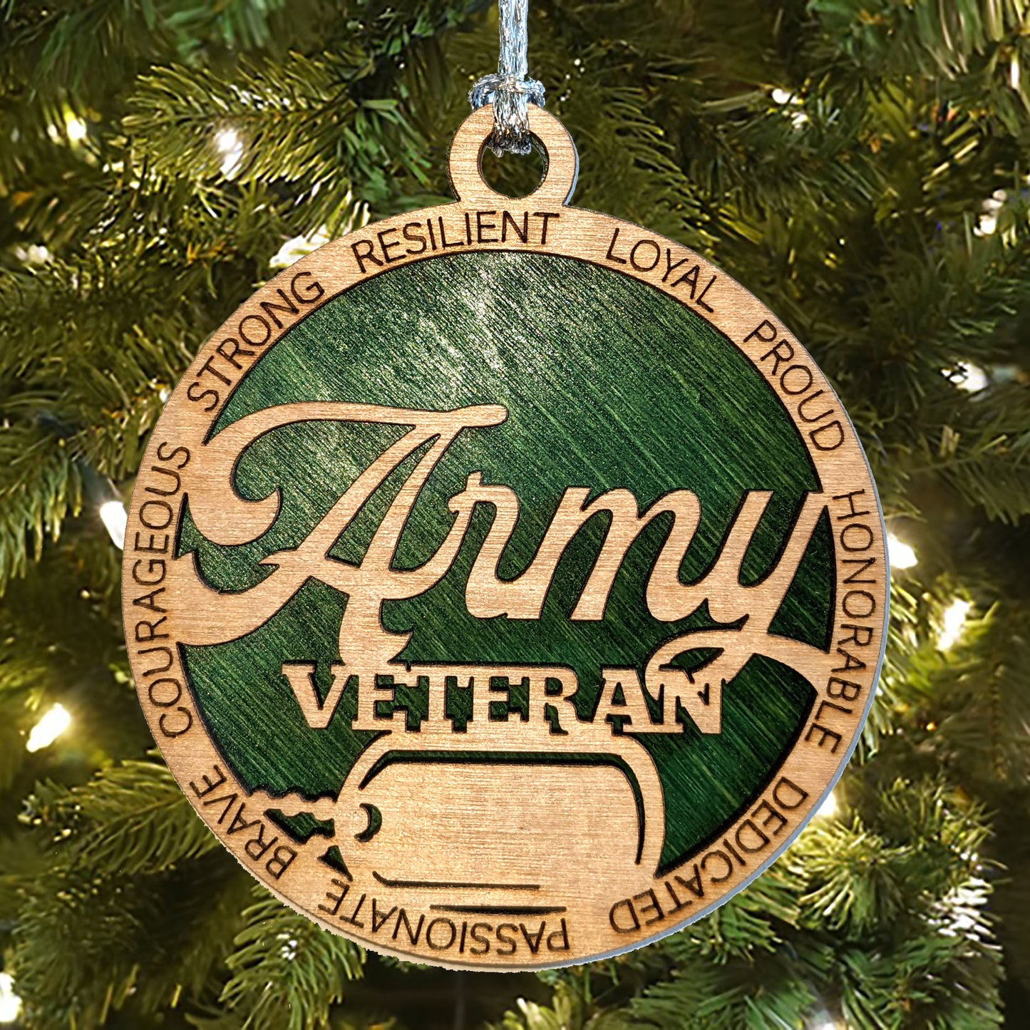 Personalized Army Veteran Christmas Ornament - Laser Cut Wood with Custom Dog Tags - Handcrafted Military Gift
