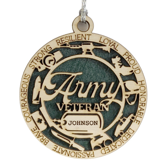 Personalized Army Veteran Wooden Christmas Ornament - Laser Cut Military Tribute with Custom Dog Tags - Handcrafted in USA