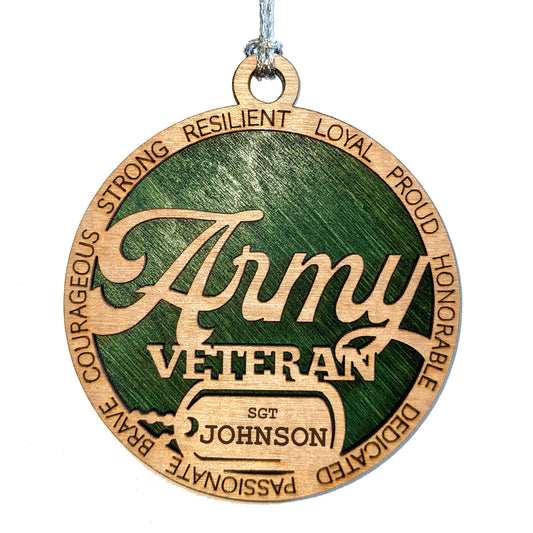 Personalized Army Veteran Christmas Ornament - Laser Cut Wood with Custom Dog Tags - Handcrafted Military Gift