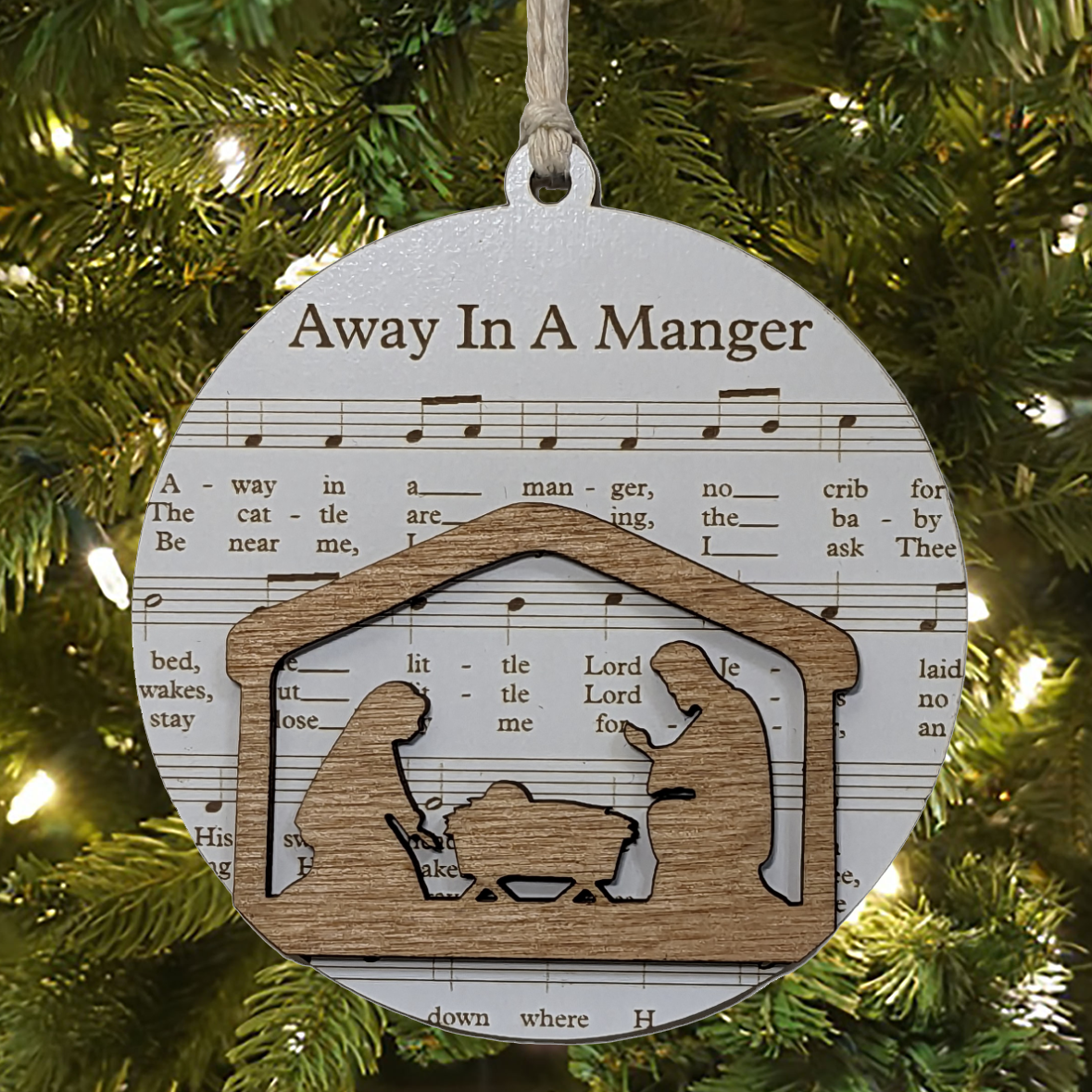 3.5" Laser Engraved Christmas Ornament - Away In A Manger Sheet Music, Holiday Decor, Unique Xmas Gift, Festive Musical Keepsake