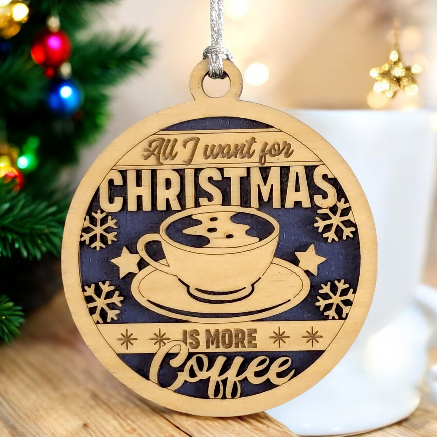 Humorous Coffee-Themed 3" Wooden Christmas Ornament, Handmade in Oregon